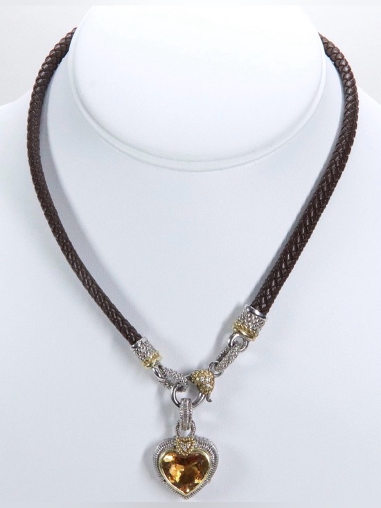 Judith Ripka Jewelry - Judith Ripka Two Sterling Silver & 18K Citrine & Diamond Heart Leather Necklace